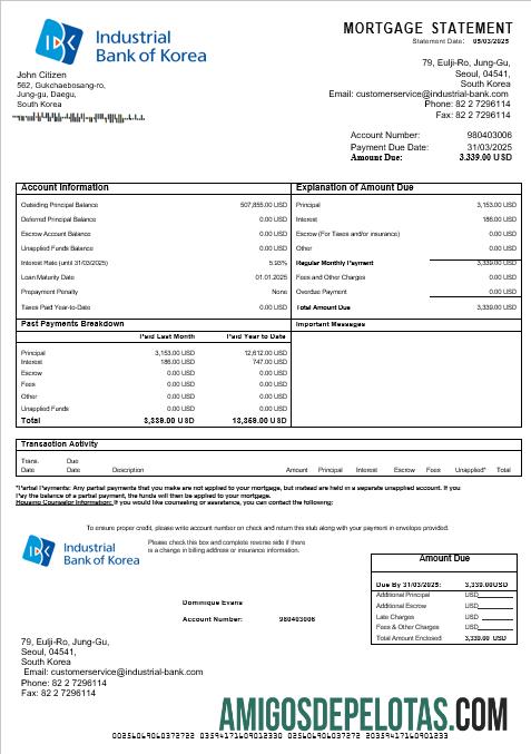 Declaração de hipoteca do Banco Industrial da Coreia do Sul em formatos Word e PDF amostra